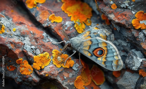 A looper moth in camouflage on lichen-covered sandstone the same color as the moth, macro photography photo