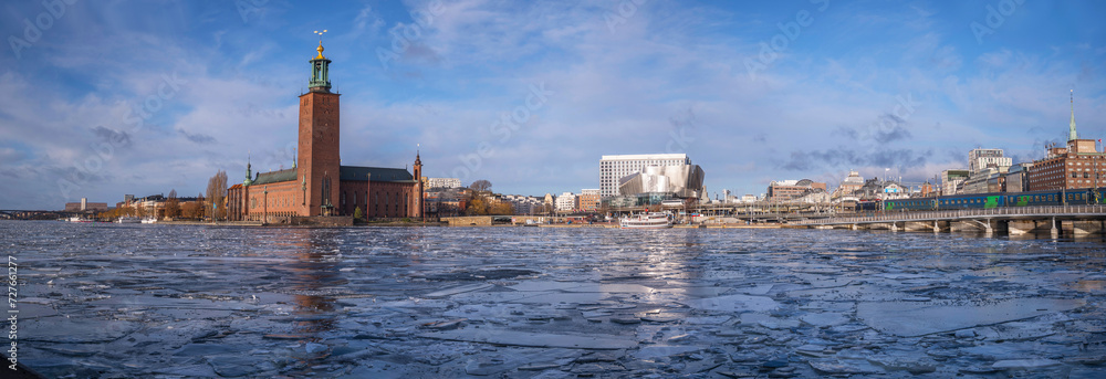 Town City Hall and down town buildings at the icy bay Riddarfjärden with floats, a sunny winter day in Stockholm