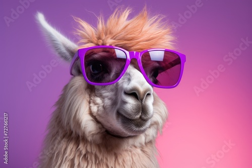 A llama wearing stylish purple sunglasses stands against a vibrant pink background. © pham