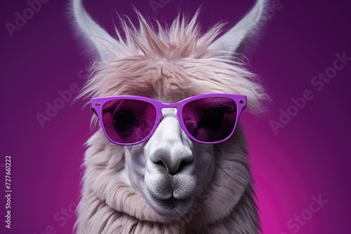 A llama wearing sunglasses and a scarf stands in front of a colorful background, looking stylish and cool. © pham