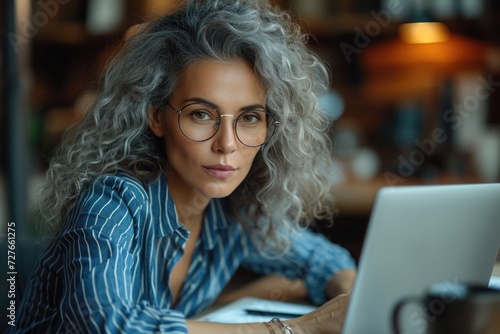 Mature businesswoman with curly gray hair, wearing glasses and a blue striped shirt, concentrating on her laptop in a modern office photo