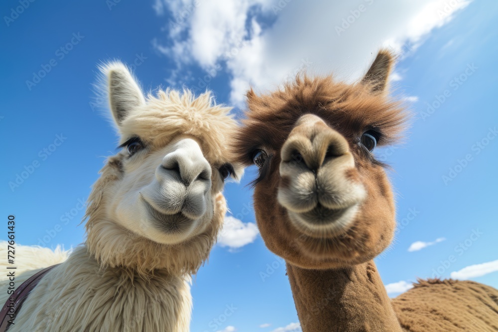Two llamas, one tan and one white, stand side by side in a grassy field.