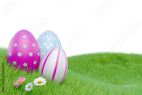 Easter eggs on a meadow in the grass. 3D rendering