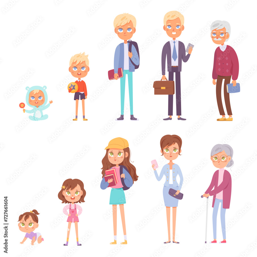 Human life cycle vector illustration set. Woman and man stages of growth from newborn to old age. Children, adults and elderlies cartoon characters. Different generations Human life cycle vector illustration set. Woman and man stages of growth from newborn to old age. Children, adults and elderlies cartoon characters. Different generations