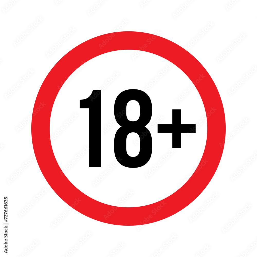 Age restriction for 18 plus vector illustration. Person under 18 not allowed sign, number eighteen in red line isolated circle badge for age limit of forbidden restricted social media content, movie Age restriction for 18 plus vector illustration. Person under 18 not allowed sign, number eighteen in red line isolated circle badge for age limit of forbidden restricted social media content, movie