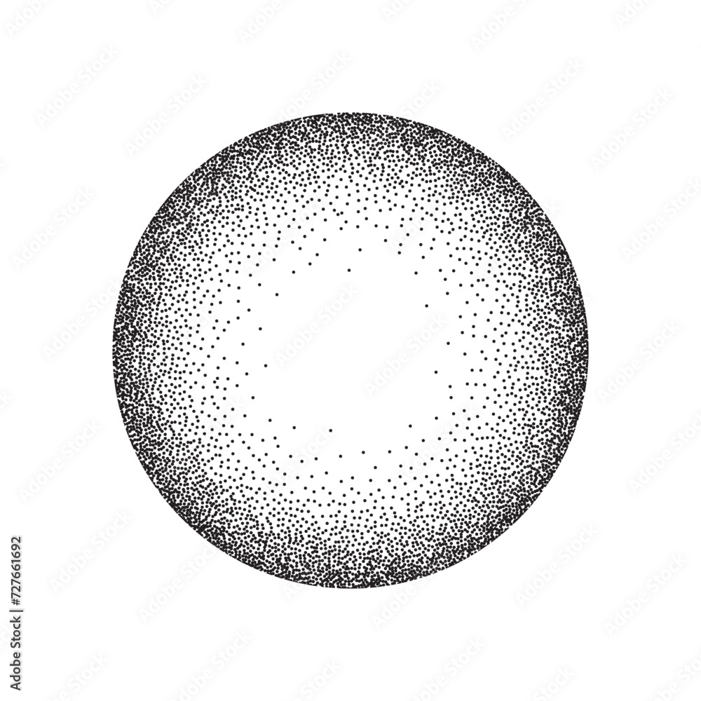 Radial grain pattern, pointillism vector illustration. Abstract circle with gradient stipple noise texture and dots gradation with circular spin effect, monochrome dotwork on white background - obrazy, fototapety, plakaty 