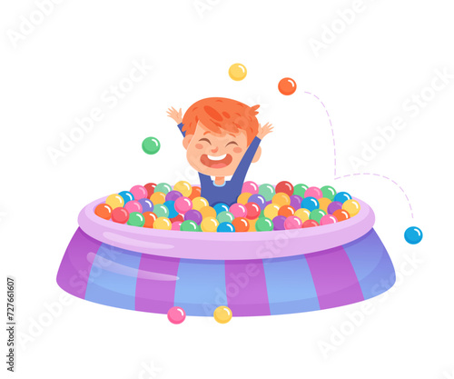 Boy play in balls pool. Kids playground vector illustration. Children game center in mall. Indoor or outdoor kids play zone. Active leisure fun happy childhood concept