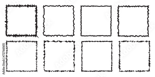 Torn paper black frames with rough edges vector set. Square silhouettes with ripped jagged borders on white background. Vintage grunge boxes for text, banner, sticker design. Retro photo objects