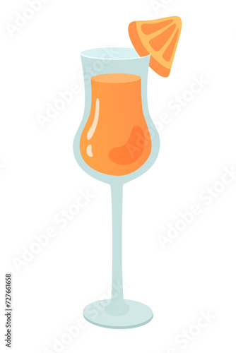 Glass of cocktail mimosa with orange vector illustration. Cartoon summer alcohol drink isolated on white background. Celebration with toasts and cheering. Party time. Beverage menu concept