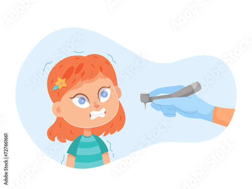 Kids fears vector illustration. Scared crying girl in dental clinics. Children afraid dentist. Childish phobia. Dentophobia. Frightened cartoon young female character. Kid psychologic support