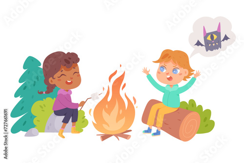Children summer adventures in forest. Cartoon vector illustration isolated on white background. Cute camping girls sitting by the bonfire and making marshmallow