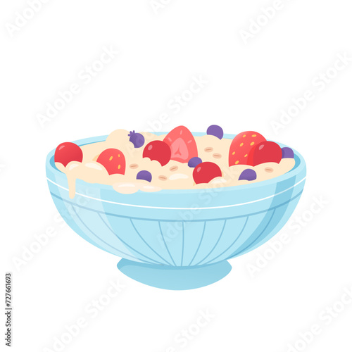 Oatmeal bowl with fruits. Cereal porridge for breakfast. Oat food. Natural product. Healthy food concept. Cartoon vector illustration
