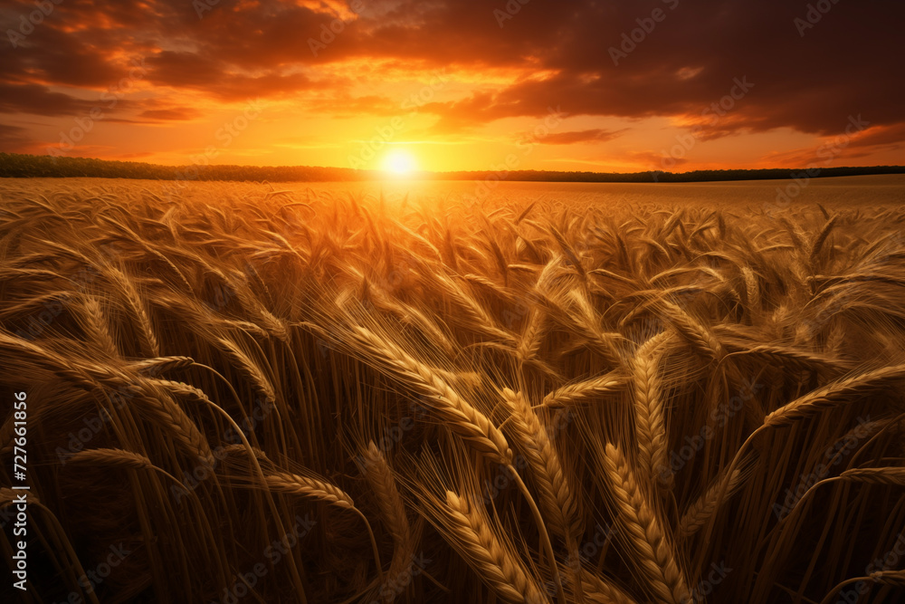 Golden wheat ears growing in agricultural field at sunset. Generative AI