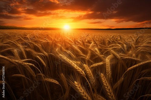 Golden wheat ears growing in agricultural field at sunset. Generative AI