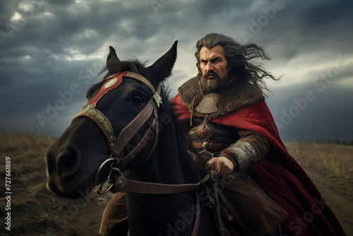 Brave cossack warrior riding horse over stormy background. Generative AI © Nomad_Soul