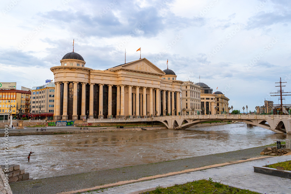 Skopje. North Macedonia. May 17, 2023. Museum of Archeology on the river bank. Attractions. Trips.