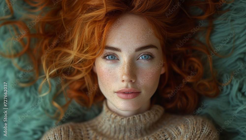 Portrait of a serene woman with flowing red hair and round sunglasses, exuding tranquility and elegance. Portrait of a serene woman with flowing red hair and round sunglasses, exuding tranquility and elegance.