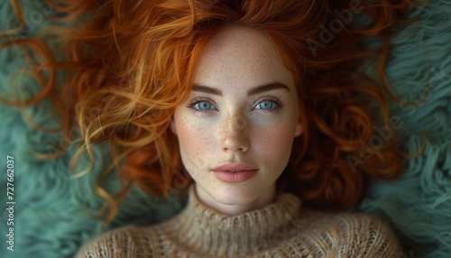 Portrait of a serene woman with flowing red hair and round sunglasses, exuding tranquility and elegance.