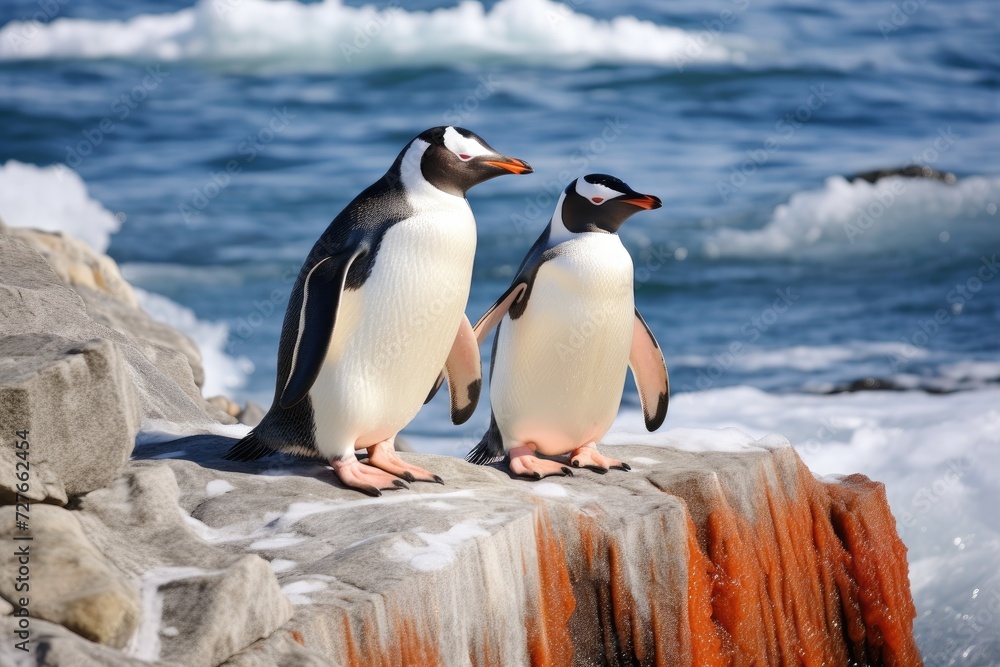 Obraz premium Two penguins standing atop a rock in their natural habitat.