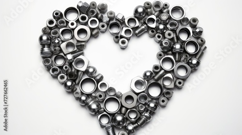 Heart laid out of bolts, nuts on a white background. Father's Day and wedding anniversary concept.