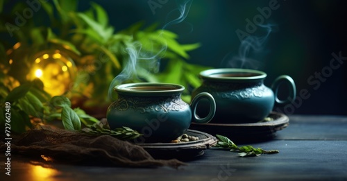 Two cups placed on a table.