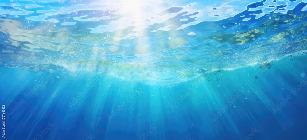 A photo of a blue ocean with sunlight shining through the water, creating a vibrant and luminous scene.