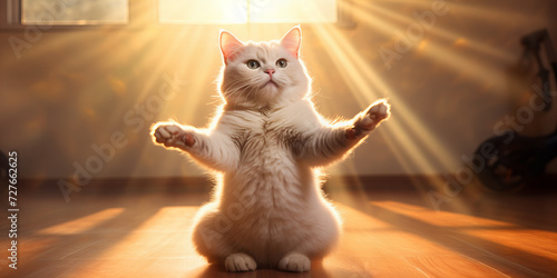 Majestic Fluffy Cat Basking in Golden Sunlight with Arms Raised in Grand Gesture - Perfect Harmony with Nature
