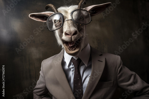 Businessman with goat head expressing crazy screaming muzzle. Generative AI photo