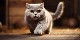 Adorable Grey British Shorthair Cat in Action on Rustic Background - High-Resolution Pet Photography