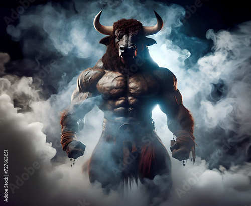 The greek Minotaur emerging from the shadows and intimidating visitors in the labyrinth. Digital art.