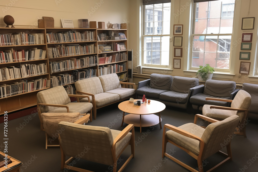 Library reading room with bookshelf, armchairs and coffee-table. Generative AI