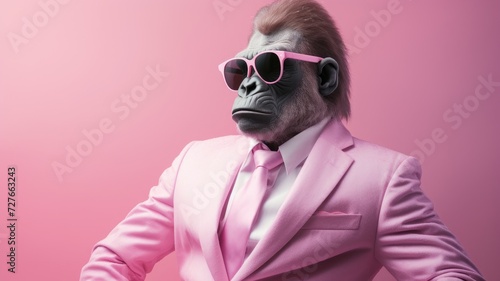 A monkey wearing a pink suit and sunglasses stands on a branch, striking a playful pose. © pham