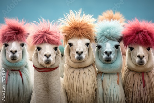 A gathering of llamas with varying shades of hair, showcasing their distinct and colorful appearances. © pham