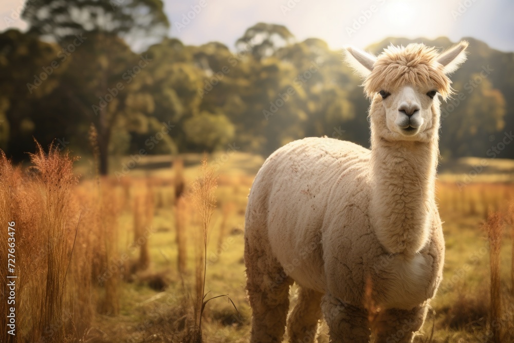 Fototapeta premium An alpaca stands confidently in a field, with a backdrop of trees in the background.
