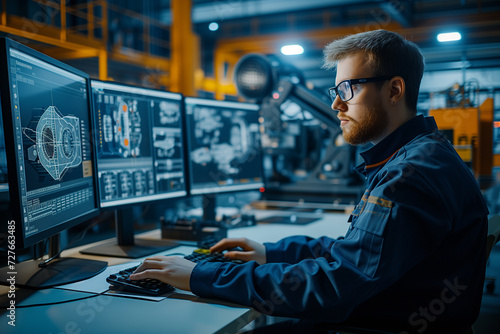 A mechanical engineer in a blue work shirt is focused on designing parts using 3d modeling software across multiple computer monitors.
