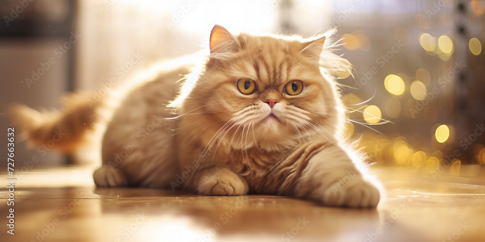 Serene Ginger Persian Cat Lounging in Warm Sunlight with Soft Bokeh Background