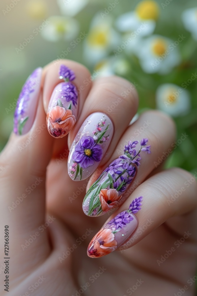 hand with manicure, nail art of flowers hand with manicure, nail art of flowers