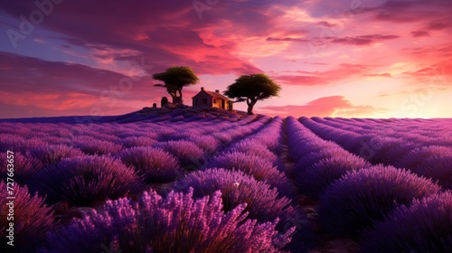 A vast lavender field with sparse trees, purple fragrant flowers and a rustic stone farmhouse in the distance. Golden Hour, Nature, Landscape concepts.