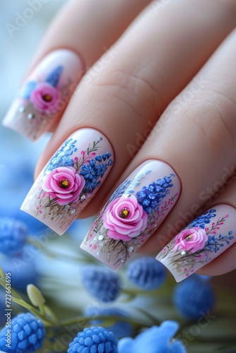 hand with manicure  nail art of flowers