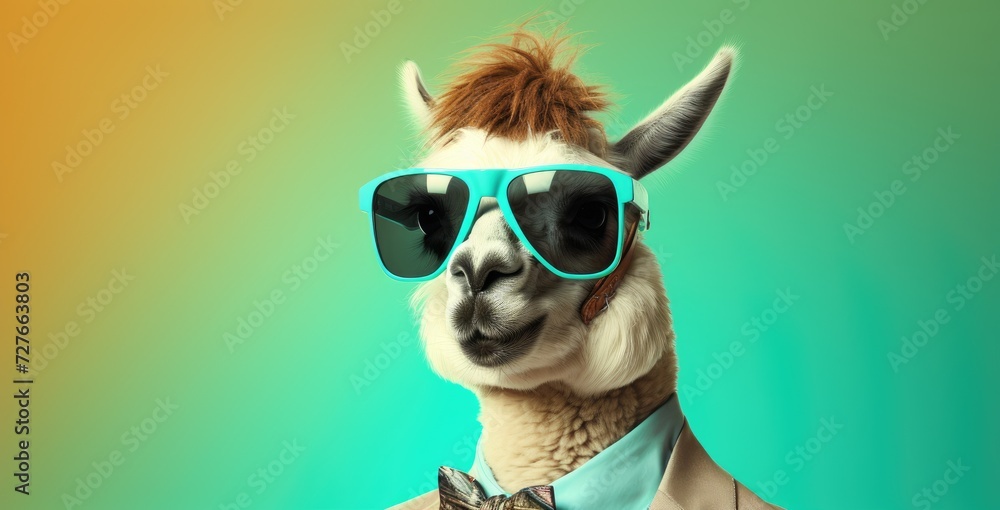 A llama wearing sunglasses and a bow tie poses for the camera.