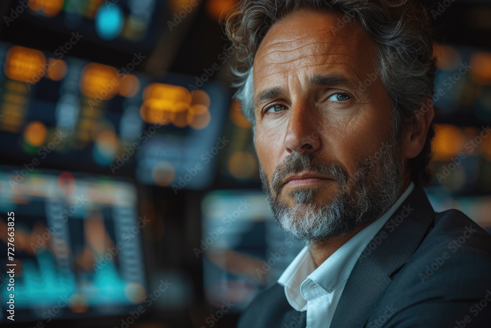 Business professional concentrating deeply in a modern financial trading environment with multiple screens displaying data and charts Business professional concentrating deeply in a modern financial trading environment with multiple screens displaying data and charts