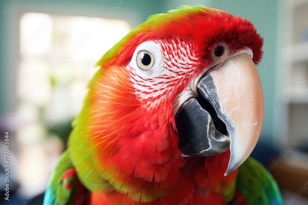 This close-up photo captures the vibrant details of a parrot, with a blurred background for added depth.