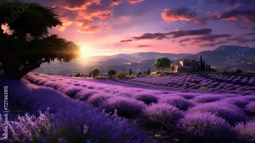 A beautiful lavender field with sparse trees  purple fragrant flowers and a rustic stone farmhouse in the distance. Golden Hour  Nature  Landscape concepts.