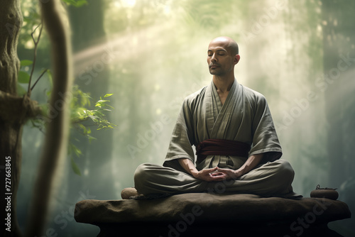 Martial art sensei meditating in serene surroundings embodying inner peace. Generative AI