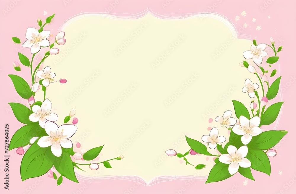 festive greeting card, white jasmine flowers and green petals on pink background, place for text is highlighted in light yellow in center of illustration