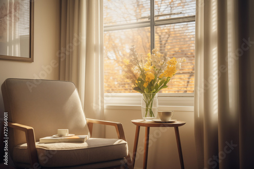 Cozy living room interior with warm summer sun light. Generative AI