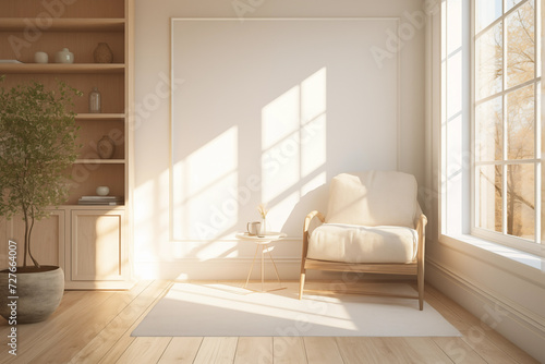 Light living room interior with warm summer sun light. Generative AI