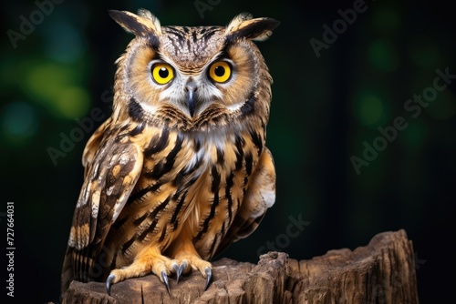An owl is seen sitting on top of a tree stump in a forest.