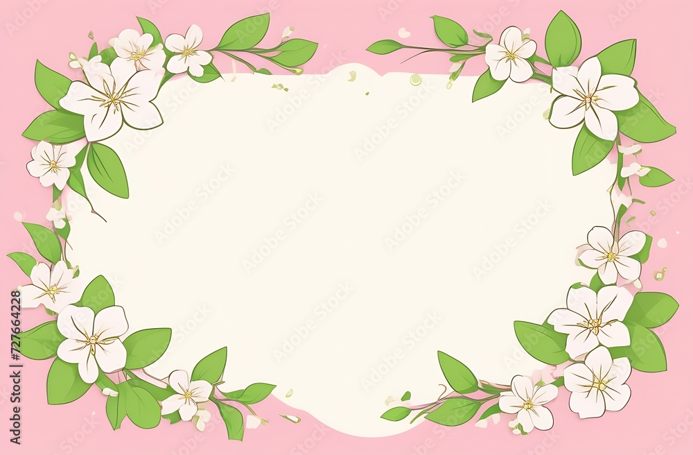 Festive greeting card on a pink background, a frame of white jasmine flowers with green petals, a place for the text is highlighted in white in the center of the illustration, copy space