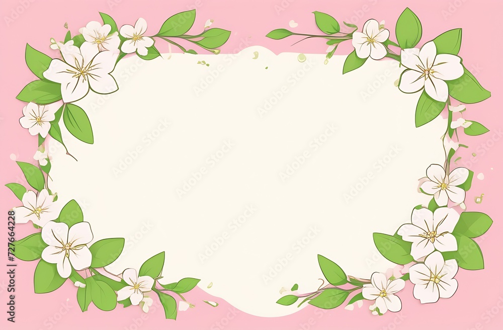 Festive greeting card on a pink background, a frame of white jasmine flowers with green petals, a place for the text is highlighted in white in the center of the illustration, copy space Festive greeting card on a pink background, a frame of white jasmine flowers with green petals, a place for the text is highlighted in white in the center of the illustration, copy space